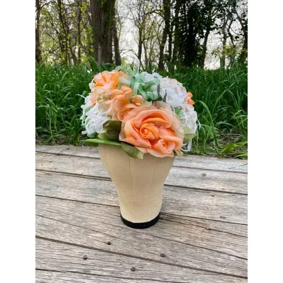 Vintage 1960s Millinery Flower Bucket Hat Peach and Green